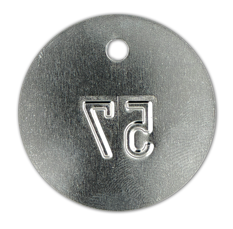 Weißblechplaketten, verzinntes Weißblech, Ø 45, Stärke 0,2 mm, 1 Loch oben 5 mm, geprägt, Set Nr 1-100