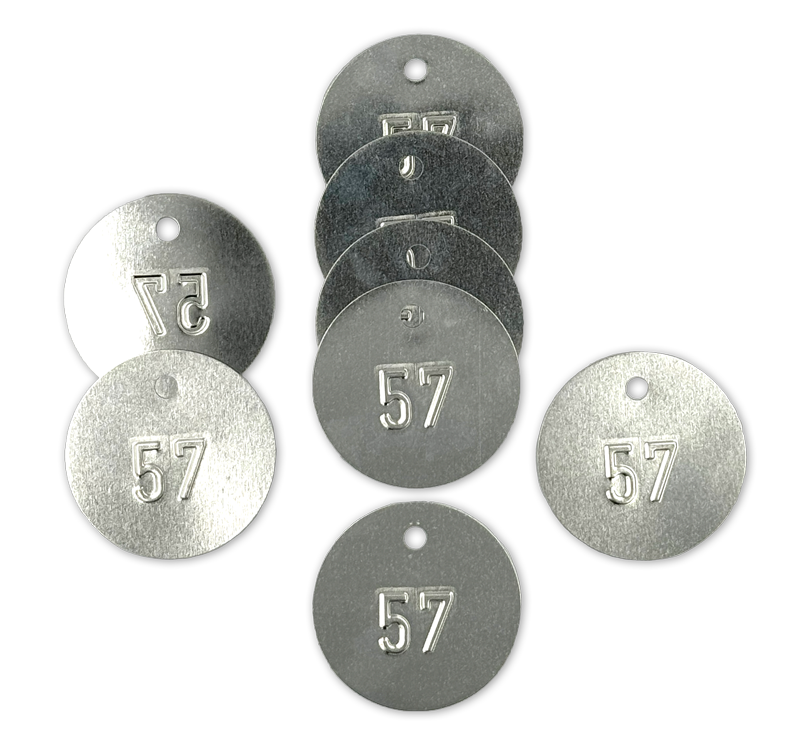 Weißblechplaketten, verzinntes Weißblech, Ø 45, Stärke 0,2 mm, 1 Loch oben 5 mm, geprägt, Set Nr 1-100