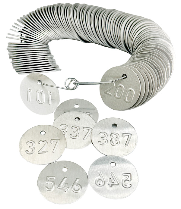 500 Baumplaketten, fortl. Nummerierung 1-500, d=35 t=1mm, Aluminium, erhaben geprägt 500 Baumplaketten, fortl. Nummerierung 1-500, d=35 t=1mm, Aluminium, erhaben geprägt