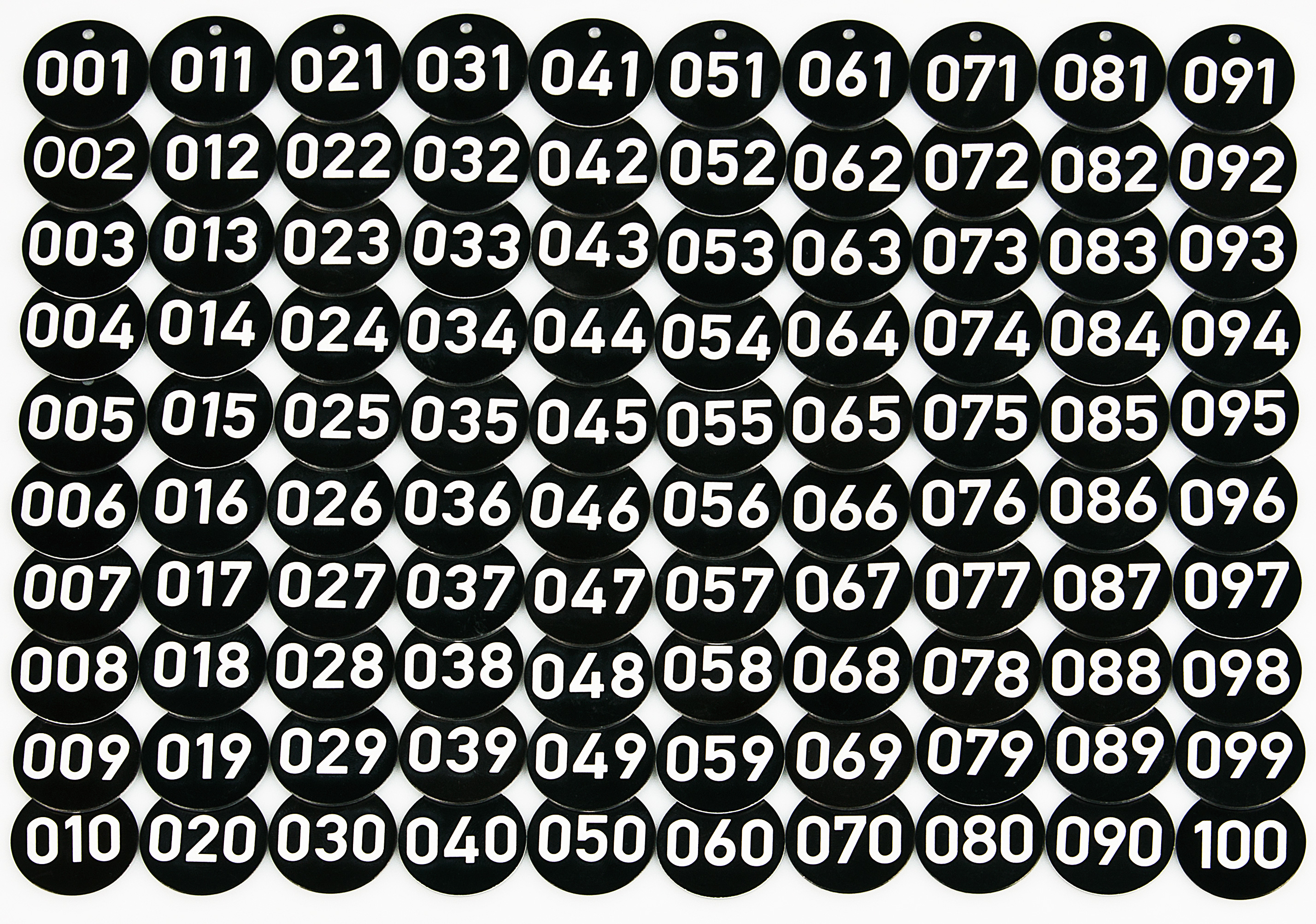 001-100q4ppIywXKLdJA 100 Baummarken, Baumplaketten d=35 x 1mm, Laser-Gravur, nummeriert, Aluminium eloxiert, schwarz,