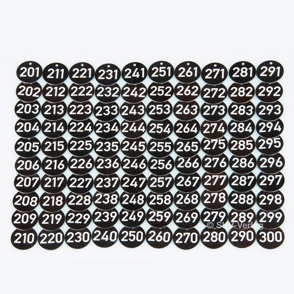 Baummarken #201-300, Baumplaketten d=35 x 1mm, Laser-Gravur, nummeriert, Aluminium eloxiert, schwarz,